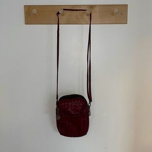 Unbranded cute dark maroon small crossbody bag with 2 zippered compartments.